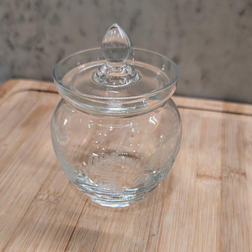 Jelly Sugar Glass Jar Decorated with Etched Leaves
